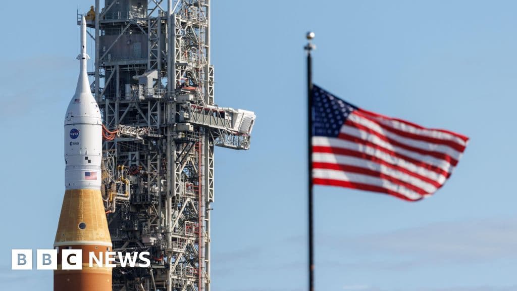 A hyper-realistic, cynical style image of a dusty, abandoned NASA rocket on a launchpad under a grey, gloomy sky. A 'OUT OF ORDER' sign hangs on the rocket. Weeds are growing through the concrete. The mood is depressing and stagnant.