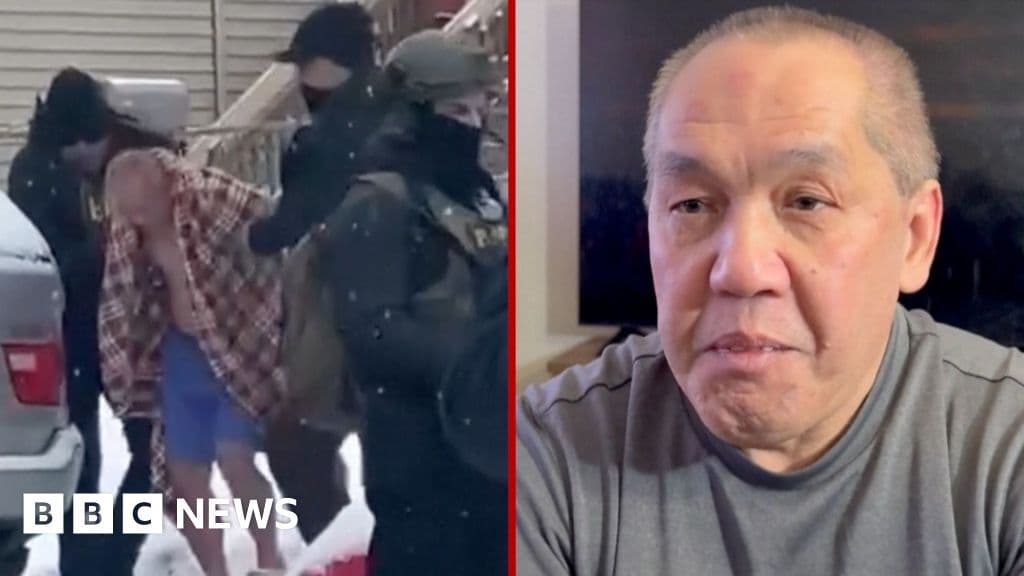 A hyper-realistic, cynical cinematic shot of a Minneapolis suburban street at night in a blizzard. A man in plain white cotton boxers stands shivering on a sidewalk, illuminated by the harsh, over-saturated red and blue flashing lights of a tactical law enforcement vehicle. In the foreground, out-of-focus, a law enforcement officer in heavy tactical winter gear holds a tablet that is clearly displaying a 'Target Not Found' error. The atmosphere is cold, grim, and absurd, highlighting the contrast between the heavily armored state and the naked vulnerability of the citizen.