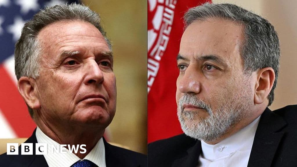 A split screen illustration. On the left side, a dusty, empty negotiation table with two glasses of water and two empty chairs. On the right side, a dark, moody view of a massive modern warship sitting in the ocean at sunset. High contrast, cynical tone.