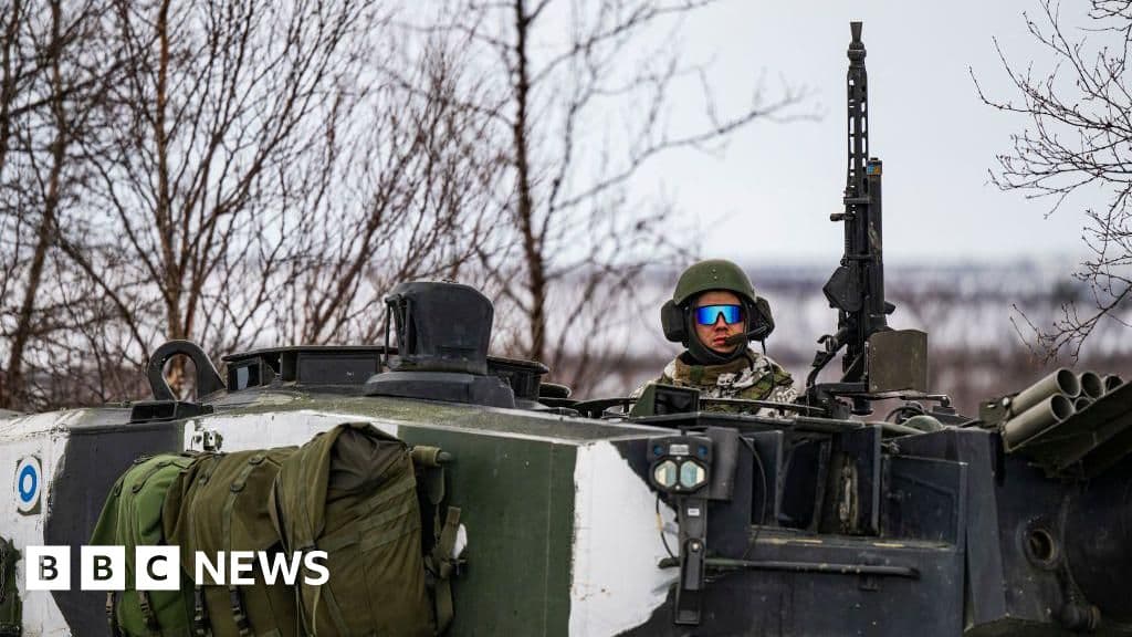 A hyper-realistic, gloomy photo of a serene, snowy Finnish forest landscape at twilight, but disturbingly interrupted by the sleek, cold silhouette of a modern military missile transport vehicle parked among the birch trees. The contrast between the peaceful nature and the machine of war is stark. Muted colors, cold blue tones.