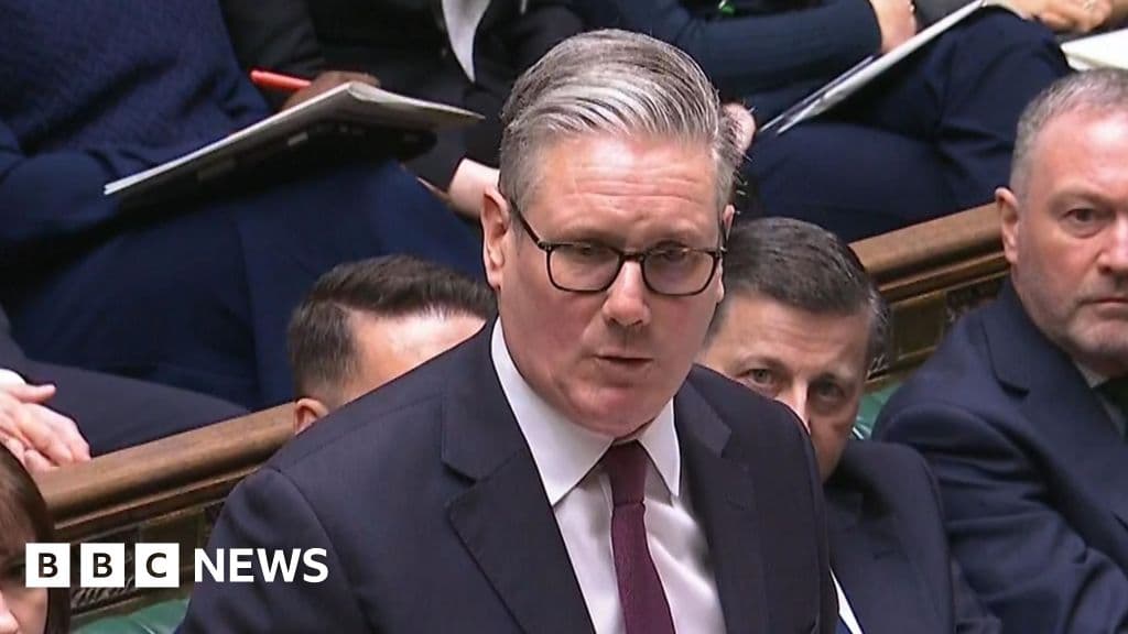 A satirical political cartoon in a dark, gritty style. Keir Starmer, looking nervous and holding a tiny model of an island, stands across from a towering, orange-tinted Donald Trump who is holding a magnifying glass and pointing at a map of the world. They are standing on a sinking ship labeled 'Special Relationship'. Dark, stormy clouds in the background.