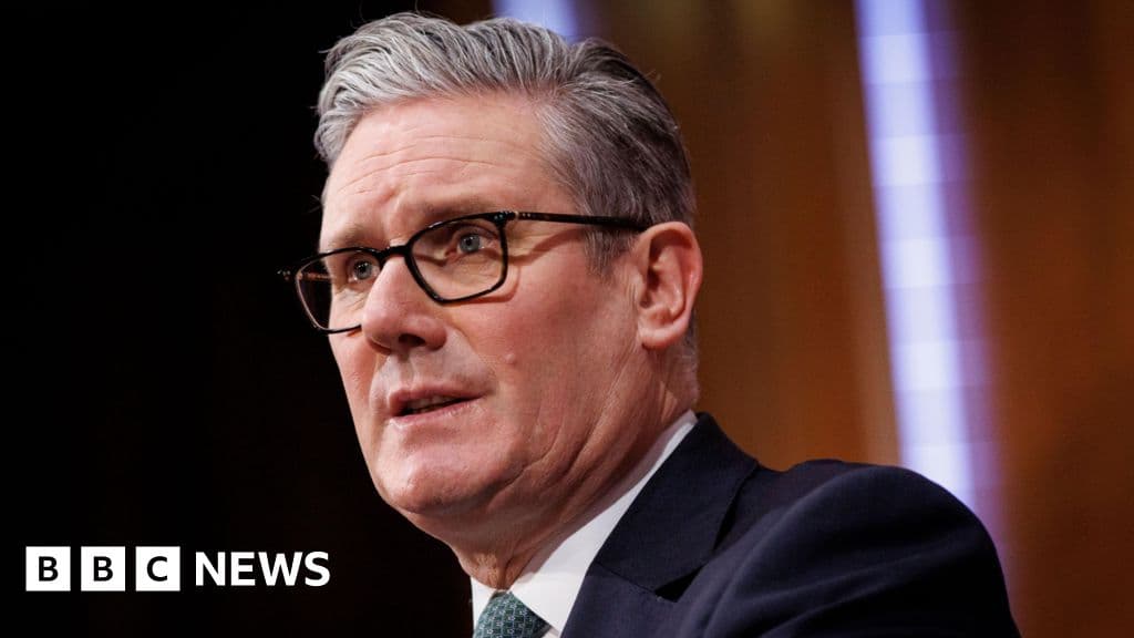 A dark satirical caricature of Keir Starmer dressed as a medieval squire, trembling while holding a tiny, fragile tea cup. He is kneeling in the shadow of a colossal, golden, skyscraper-sized Donald Trump figure that is shaped like a giant tariff wall. The sky is a menacing orange and grey. Artistic style: gritty, high-contrast editorial cartoon with sharp lines and a cynical, oppressive atmosphere.