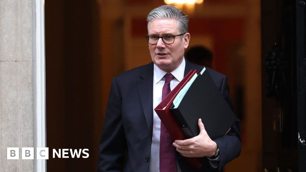 A satirical oil painting of Keir Starmer dressed as a 19th-century solicitor, holding a tiny, trembling umbrella while standing in the shadow of a massive, golden, neon-lit skyscraper shaped like a T. In the background, a group of small, blurred figures in red suits cheer him on from a distance.