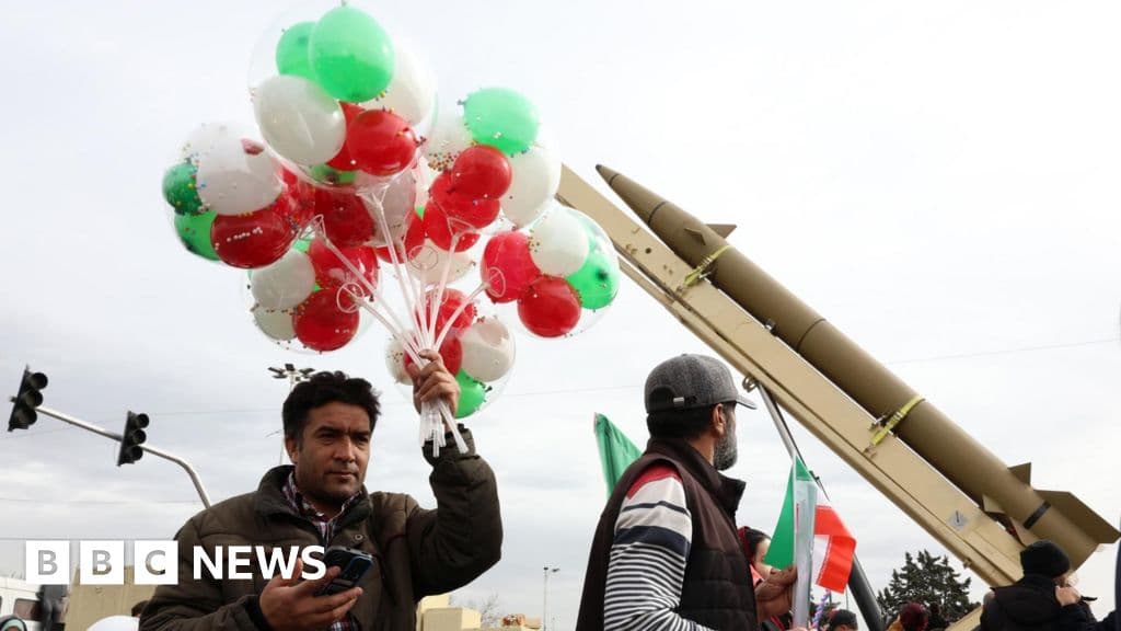 A conceptual illustration showing a split scene in Tehran: on the left, a colorful, forced government celebration with balloons and flags; on the right, in greyscale, a silent, somber street with ordinary people looking away in defiance. The style should be gritty and realistic.