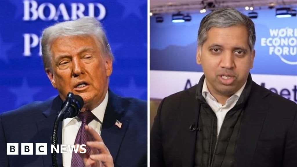 A wide, cinematic shot of a cold, high-altitude Davos terrace. Donald Trump, Elon Musk, and Volodymyr Zelensky stand around a small table signing a gold-trimmed document. There are many empty, expensive-looking chairs behind them, symbolizing the missing allies. The background shows sharp, snowy Swiss Alps under a gray, cynical sky.