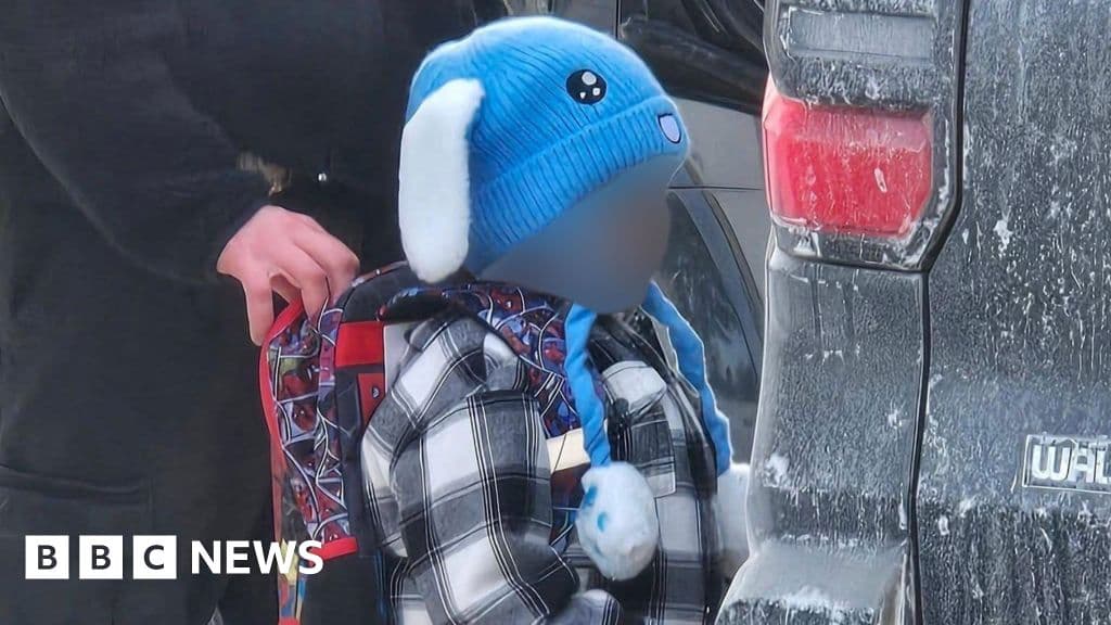 A hyper-realistic, gloomy photo of a child's blue bunny-shaped hat and a small red Spider-Man backpack sitting alone on a cold, steel bench in an institutional grey waiting room. Harsh fluorescent lighting overhead, casting long shadows. No people, just the abandoned objects emphasizing isolation and bureaucracy.