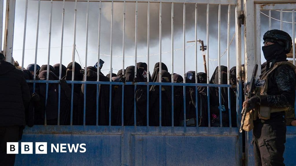 A wide, cynical shot of a dusty, overcrowded desert camp with rows of white tents. In the foreground, a shiny blue UN helmet sits on a wooden post, looking brand new and out of place against the bleak, chaotic background of the camp. The lighting is harsh and unforgiving.
