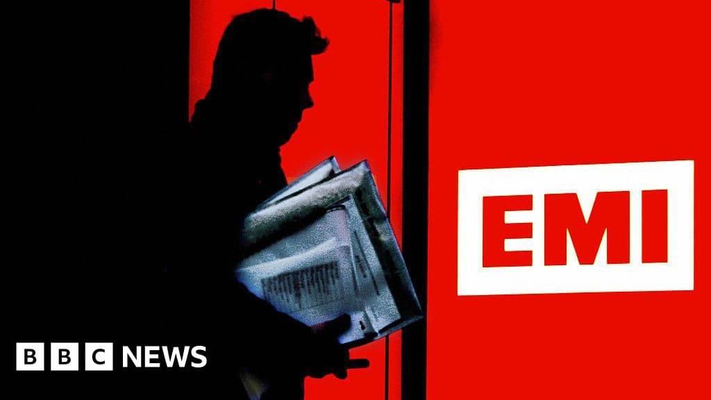 A dark, moody office desk in a noir style. On the desk is a stack of legal papers with the letter 'P' circled in red ink. Next to the papers is a broken vinyl record and a gold pen. The lighting is dim and shadowy, creating a sense of corruption and secrecy. High contrast, cinematic.