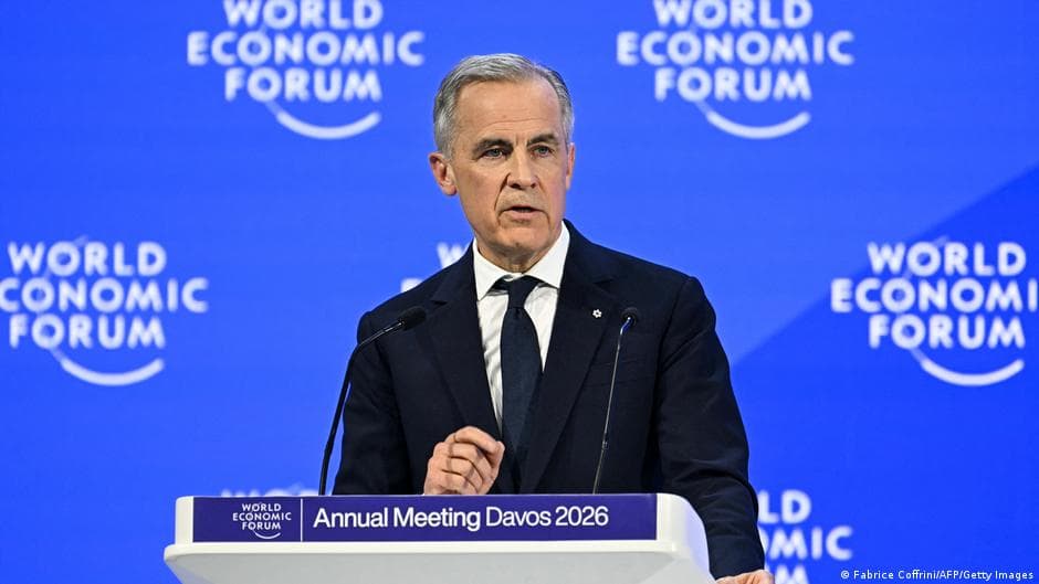 A high-contrast satirical illustration of Mark Carney standing at a crystal podium in Davos, looking down through a monocle at a giant, jagged glowing crack in the floor. Behind him, a group of shadowy figures in tuxedoes are clapping robotically. To the side, a bored Donald Trump is sitting in a gold-leafed chair, arms crossed, staring at a cheeseburger. The background shows the Swiss Alps melting into liquid gold. Scathing political cartoon style.
