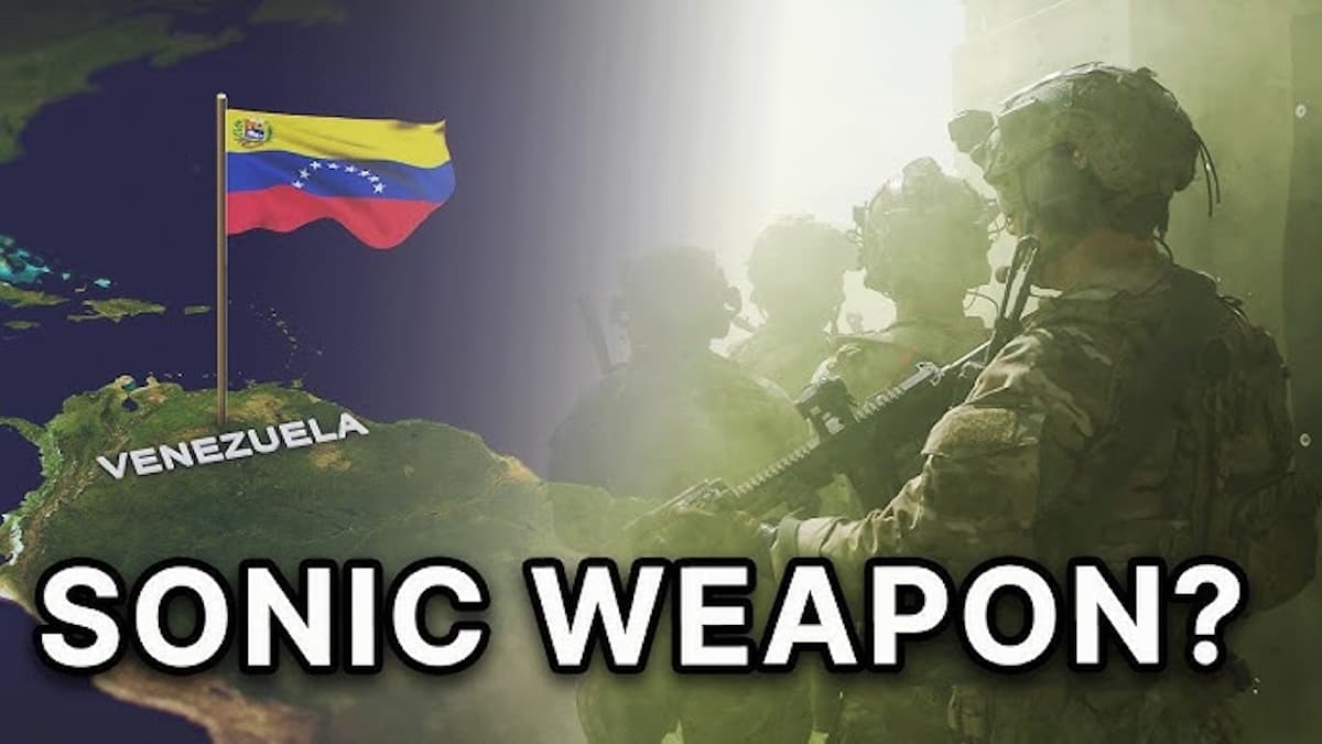 A satirical editorial illustration showing a massive, gold-plated loudspeaker with the US Presidential seal, pointed toward a darkened map of South America, emitting jagged, lethal-looking sound waves that crack the ground, in a dark, gritty political cartoon style.