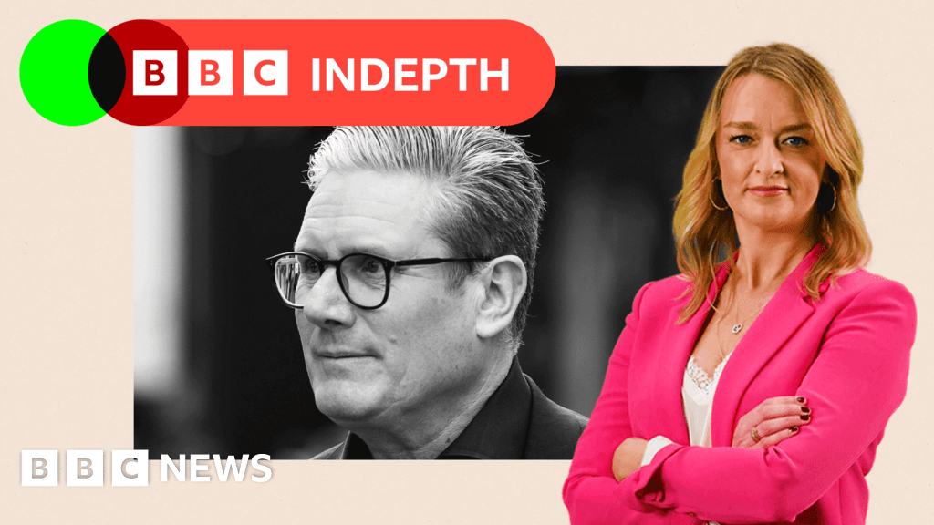 A satirical oil painting of Keir Starmer sitting on a golden throne that is actually made of stacked, dusty cardboard boxes. He is wearing a suit made of grey fog, holding a New Year's resolution list that is completely blank. Behind him, a window shows a London skyline in ruins, while he looks into a handheld mirror with a self-satisfied, blank expression. The lighting is cold and bureaucratic.