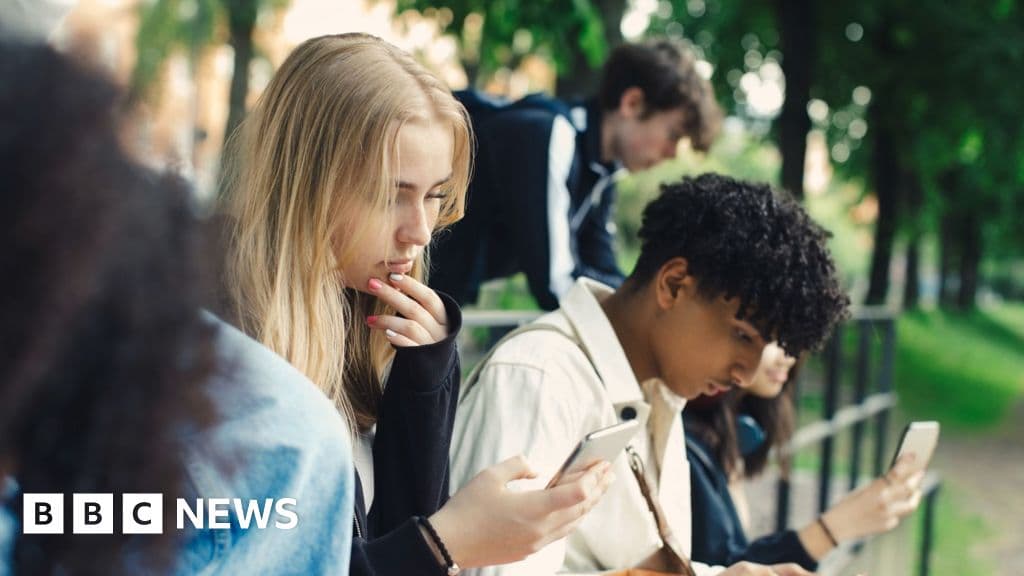 A bored teenager sitting in a dark room, face illuminated by the blue light of a smartphone, ignoring a tiny angry politician in a suit yelling in the background, digital art style, cynical atmosphere.