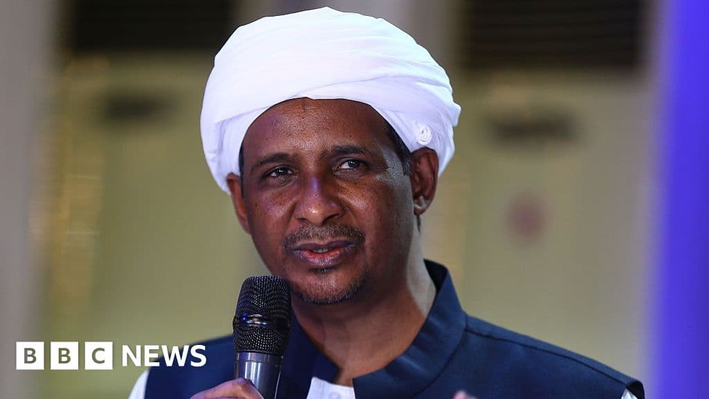 A high contrast, gritty split-screen illustration. On the left side, a clean, well-lit luxury meeting room with two faceless men in expensive suits shaking hands. On the right side, a dusty, ruined street in a Sudanese city with smoke rising and rubble on the ground. The style should be cynical and dark.