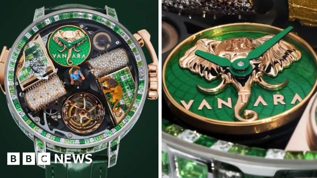 A hyper-realistic, close-up shot of an incredibly expensive gold luxury watch. Inside the watch face are tiny, detailed gold statues of a lion and a white tiger. The watch is covered in diamonds and looks very flashy and over-the-top. The background is a blurred, dark library of a wealthy estate, making the gold of the watch pop.