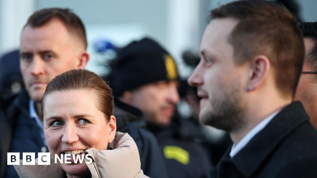 A wide-angle, satirical photo of Danish PM Mette Frederiksen standing on a vast, empty Greenland ice sheet. She is wearing a heavy designer parka and looking very serious. In the background, a giant, ghostly, semi-transparent 'FOR SALE' sign is hammered into a glacier. The sky is grey and cynical, and in the far distance, the faint silhouette of a gold-plated skyscraper is starting to rise from the snow.