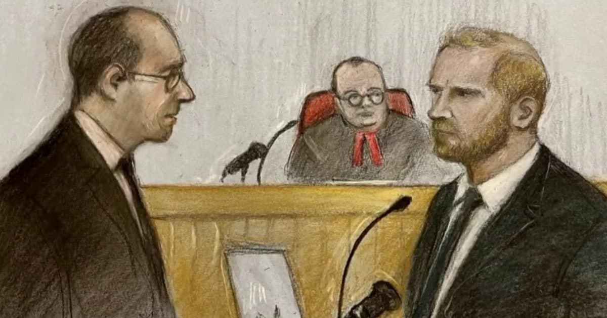 A surrealist painting of a golden birdcage shaped like a royal crown, surrounded by a swarm of mechanical vultures with camera lenses for eyes, set against a backdrop of a decaying London High Court, in the style of a cynical political cartoon.