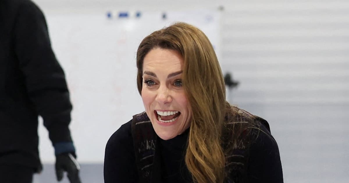 A satirical, high-detail oil painting in the style of a cynical European master, depicting a prince in a heavy winter coat and a princess with a perfect, frozen smile, both frantically sweeping the ice in front of a massive, polished granite stone. The stone is engraved with a faded royal coat of arms. They are alone in a vast, empty, dimly lit ice rink that looks like a crumbling gothic cathedral. The air is thick with frost, and their breath forms ghostly shapes of crowns in the air.