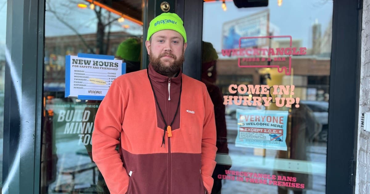 A gritty, charcoal-style sketch of a Minneapolis street in winter. A storefront window has a handwritten 'CLOSED FOR PROTEST' sign. The street is empty and gray. The mood is cynical and gloomy.