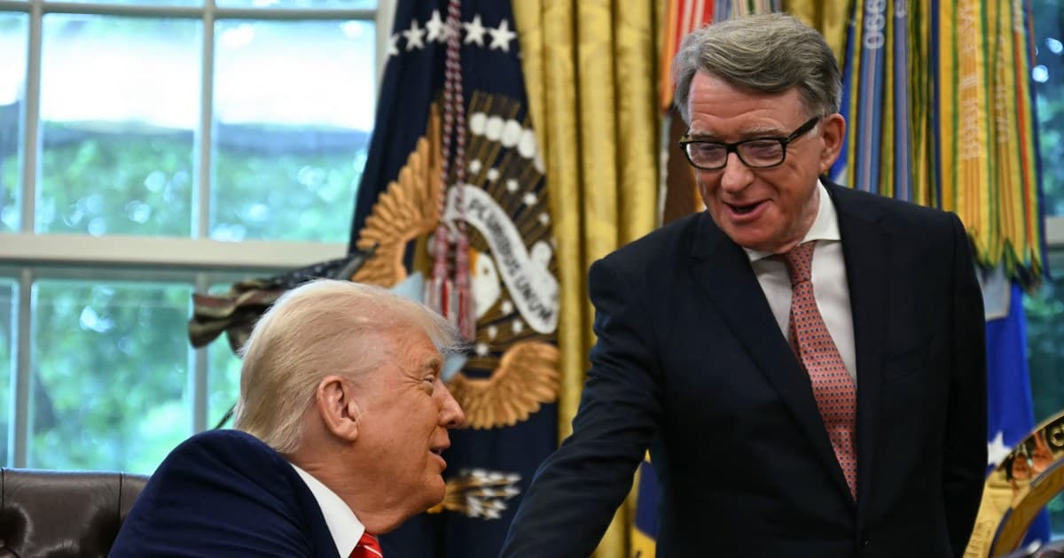 A split composition featuring a somber, grayscale portrait of Crown Princess Mette-Marit on the left and Peter Mandelson on the right, with a faded, ghostly, sinister silhouette of a man in a suit looming in the background between them, set against a backdrop of European flags (Norway and UK) that look tattered or dirty. High contrast, gritty style.