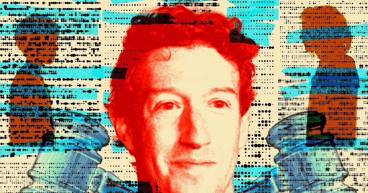 A satirical illustration of Mark Zuckerberg dressed as a 17th-century aristocrat, using a giant 'Delete' key to erase a blackboard filled with the words 'Mental Health' and 'Harvard', while a group of politicians in the background cheer and take selfies.