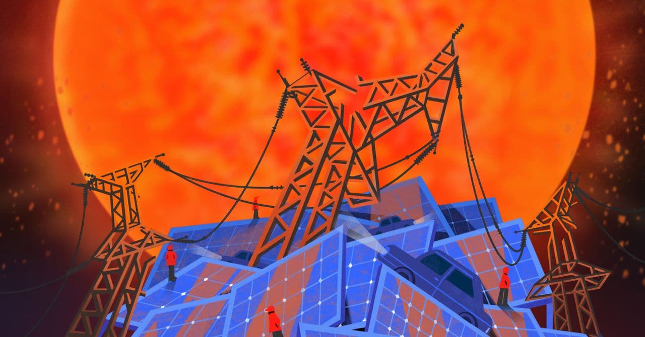 A hyper-realistic, cynical digital painting of a vast wasteland filled with millions of cracked, discarded blue solar panels stretching to a smog-choked horizon. In the center, a golden throne made of wind turbine blades is occupied by a shadowy, faceless figure in a business suit. In the background, a crumbling Statue of Liberty is partially submerged in a sea of lithium-ion batteries, while neon-red Chinese characters glow ominously through the thick, industrial haze.