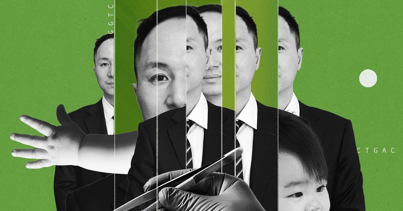 A sterile, dimly lit laboratory where a scientist in a white coat, looking smug and arrogant, holds a glowing CRISPR gene-editing tool like a scepter. In the background, double helix structures are being rearranged like a puzzle, and shadows of Silicon Valley skyscrapers loom ominously through a window. The style is sharp, satirical digital art with high contrast and a cold, cynical atmosphere.