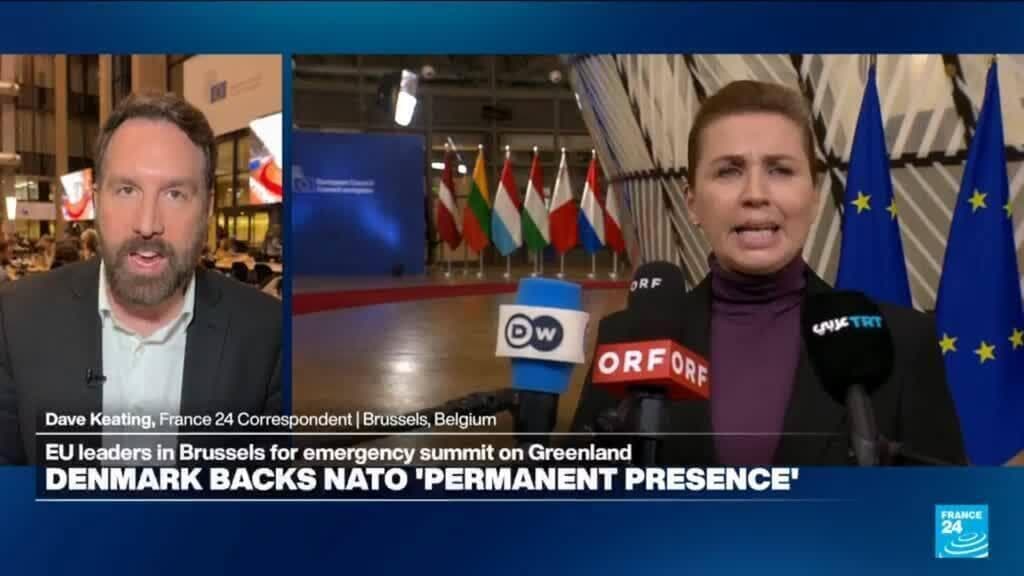 A group of stressed European politicians in suits sitting around a massive table, arguing over a map of Greenland, while a giant golden 'FOR SALE' sign is stuck into a block of ice in the background, satirical oil painting style.