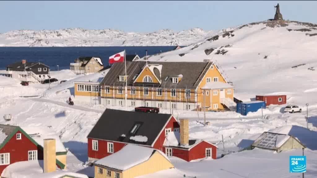 A hyper-realistic, satirical oil painting in a decadent European style. Donald Trump stands on a stage at Davos, holding a golden magnifying glass over a map of the Arctic, while a group of distressed European diplomats in 18th-century wigs look on in horror. In the background, a massive 'Trump' sign is being carved into a melting iceberg by a swarm of golden drones.