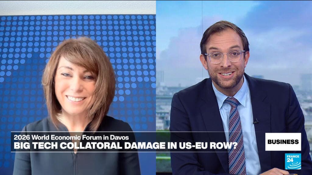 A cynical, high-contrast satirical illustration of the Davos World Economic Forum. In the foreground, a faceless worker in a 'new-collar' uniform (half-digital, half-tattered) is frantically typing into a glowing AI terminal that is slowly absorbing their arms. In the background, wealthy, elitist silhouettes in fur coats sip champagne on a mountain of discarded human resumes, while a giant LinkedIn logo looms in the sky like a cold, artificial sun. Dark, sharp, editorial cartoon style.