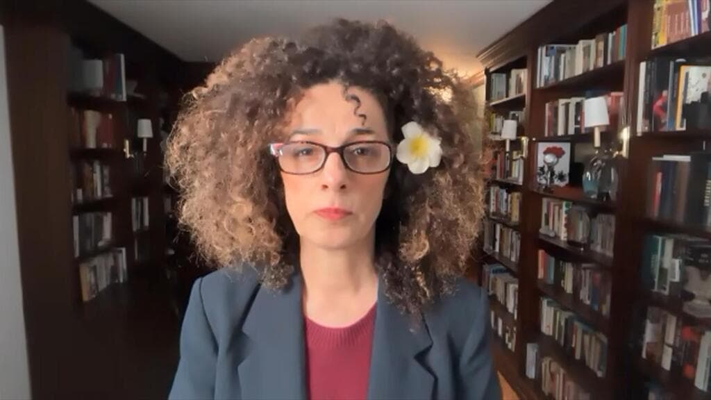 A sophisticated, cynical oil painting in a dark, moody style showing a split-screen effect: one side depicts a shadowy, ancient-looking study with a turbaned figure looking out a window at a buzzing drone, and the other side shows a bright, gold-filtered golf resort with a silhouetted figure swinging a club. The colors are muted except for a harsh, artificial light from a television screen broadcasting a woman's face.