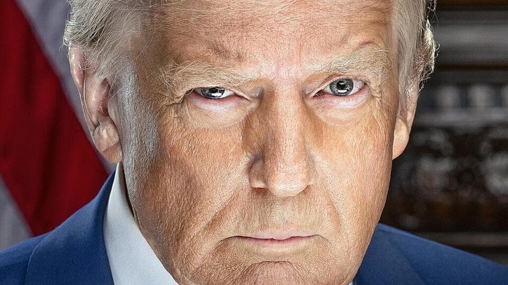 A hyper-realistic, cynical artwork of the Resolute Desk in the Oval Office, now covered in fast-food wrappers and gold leaf, with the US Constitution being used as a coaster for a diet soda. Outside the window, the Washington Monument is leaning slightly, and the sky is an ominous, bruised purple.