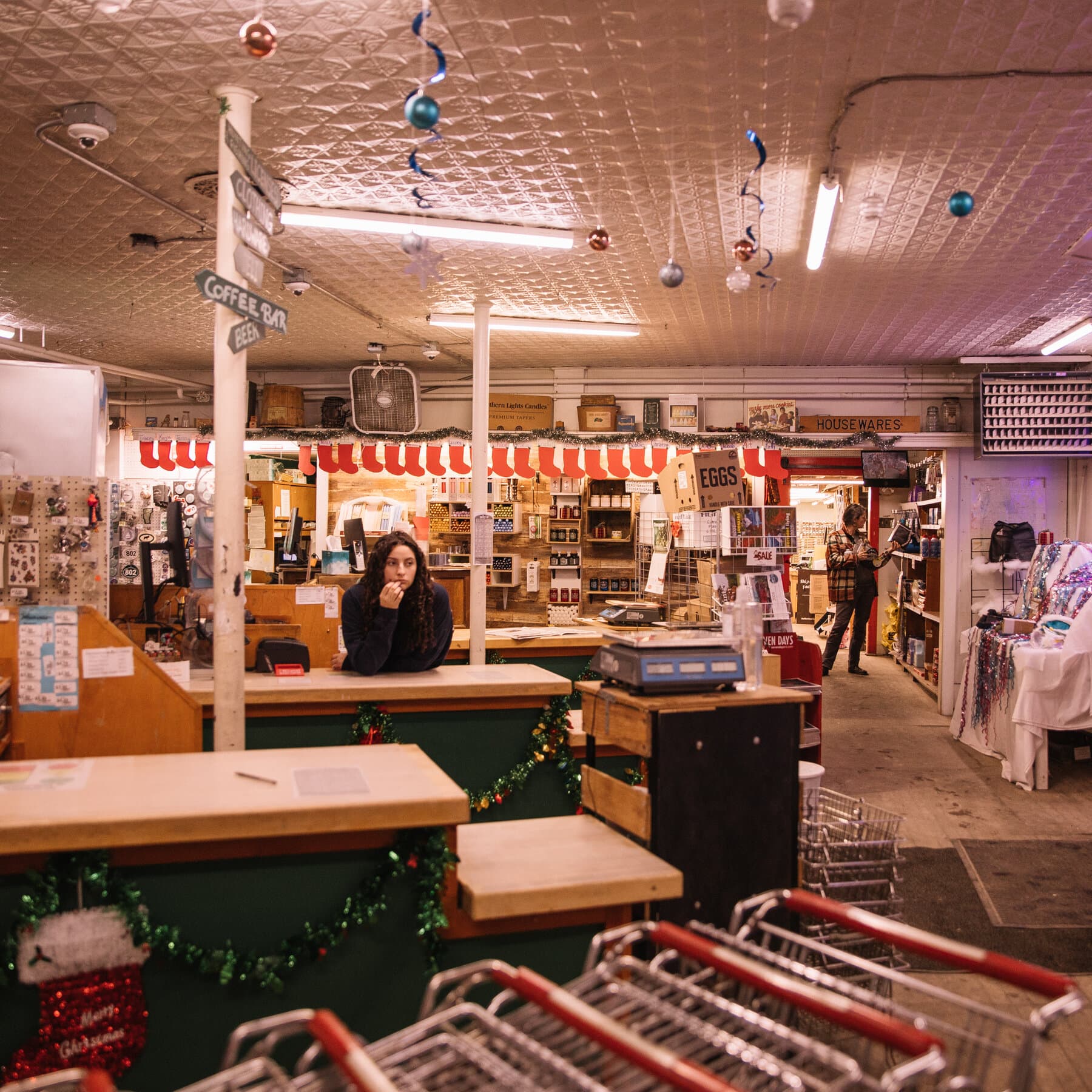 A satirical oil painting in the style of Edward Hopper but darker and more cynical. A lonely Vermont country store in winter, shelves stocked with rotting cheese wheels. Through the window, a looming, stylized silhouette of a border wall or fence blocks the view of a snowy Canadian landscape. The lighting is cold and fluorescent, highlighting the emptiness of the store.