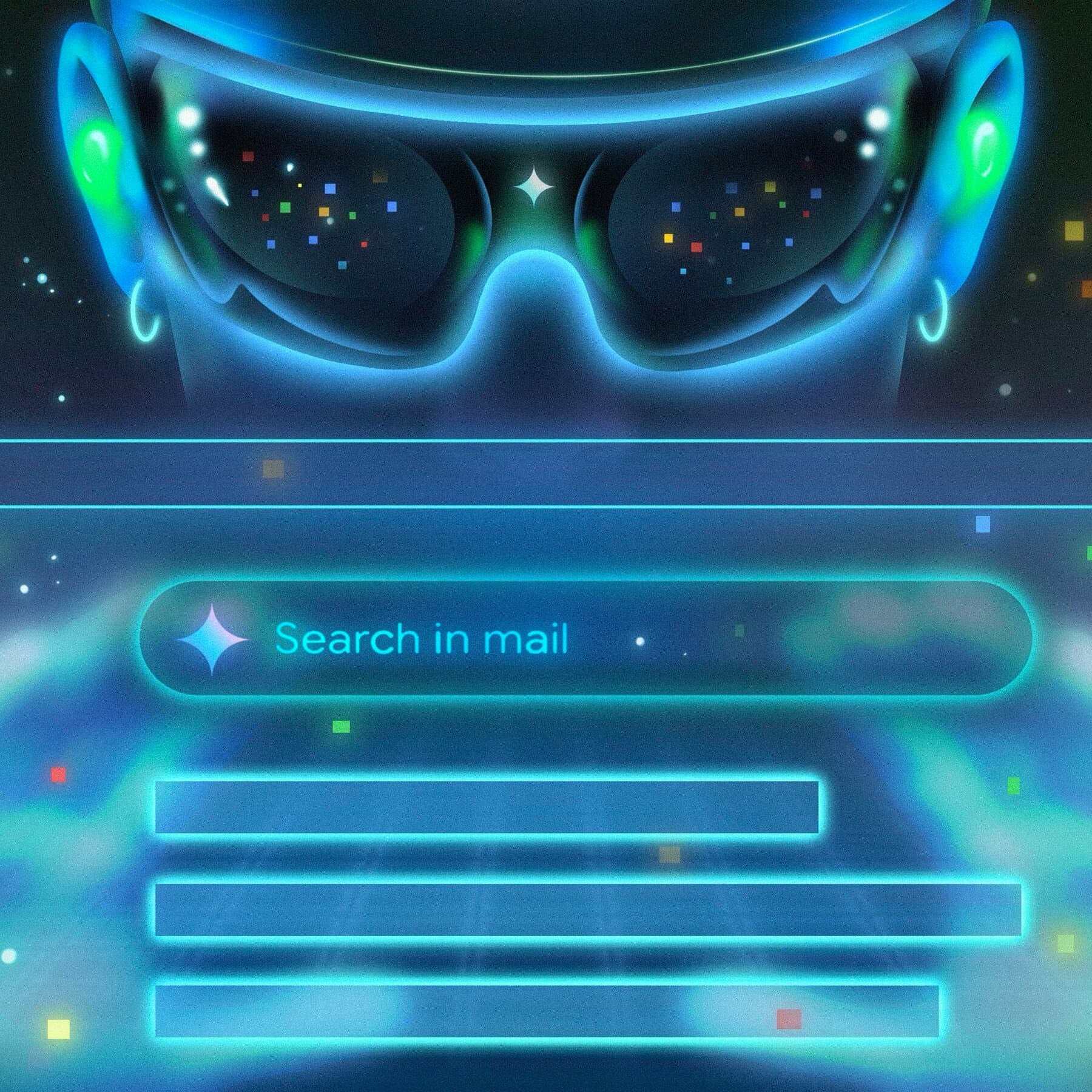 A high-definition, surrealist depiction of a human silhouette made of tangled, glowing fiber-optic cables, sitting at a cluttered desk while a giant, translucent, multi-eyed digital eye hovers over their shoulder, sifting through a mountain of translucent digital envelopes. The background is a dark, cold server room with flickering blue lights. Minimalist, dystopian aesthetic, sharp focus.