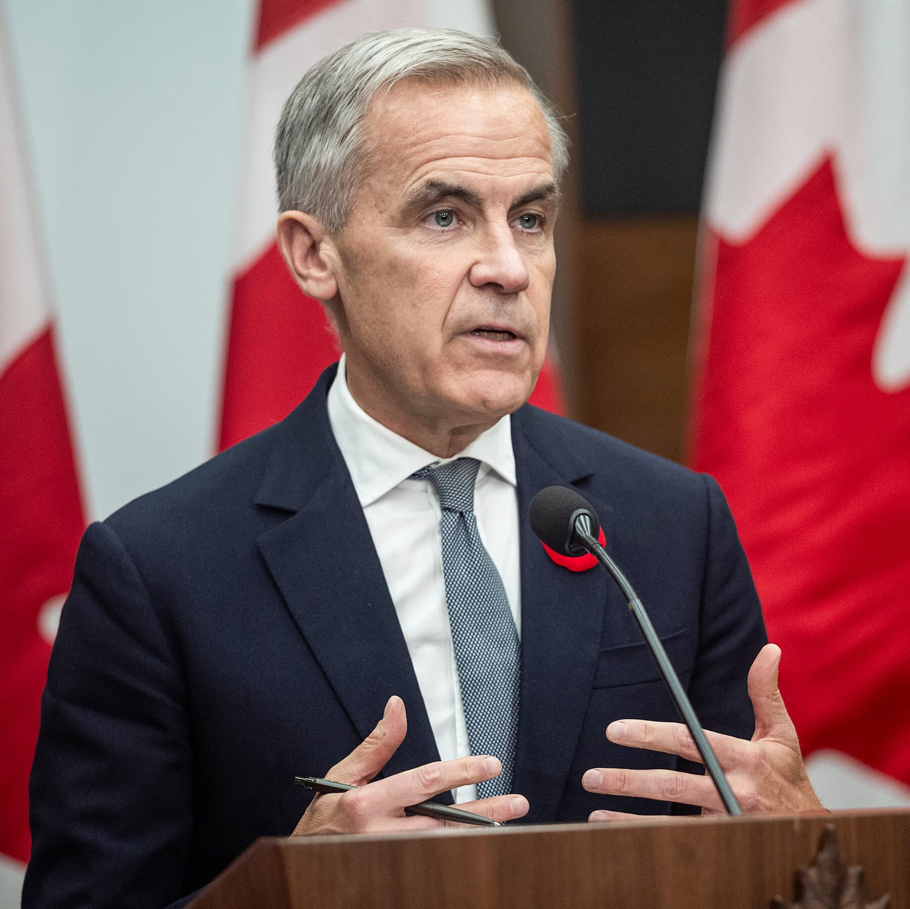 A satirical split-screen illustration. On the left, a caricature of Donald Trump wearing a construction helmet, slapping a 'SOLD' sticker onto a melting iceberg shaped like Greenland. On the right, Mark Carney in a sharp suit standing at a podium labeled 'WEF', looking concerned and holding a tiny, ineffective umbrella against a storm of money and chaos. The background is a grey, stormy sky symbolizing global doom. High contrast, political cartoon style.