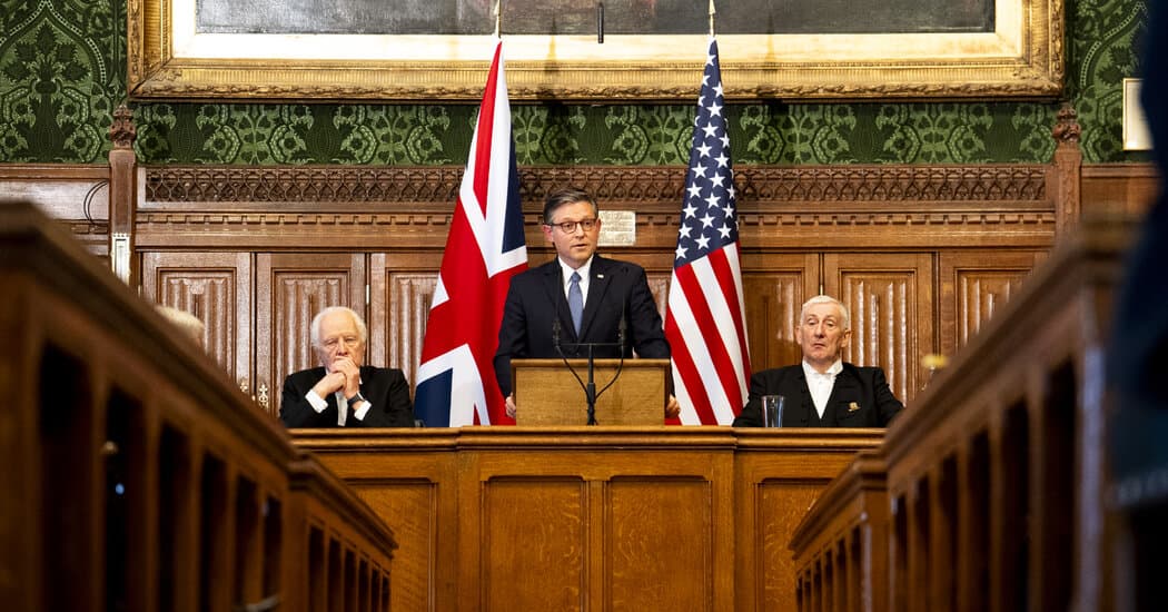 A satirical, dark-toned illustration of a giant 'For Sale' sign stuck into a massive, melting iceberg in the middle of a dark blue ocean. On the sign, the words 'PROPERTY OF THE USA' are crudely spray-painted over a Danish flag. In the background, a silhouette of a golden skyscraper looms over the horizon, casting a long, ominous shadow over the frozen landscape. The style is sharp, high-contrast editorial cartooning, cynical and grim.