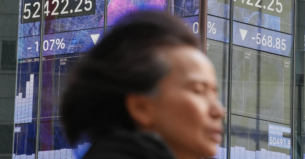 A hyper-realistic, cynical digital art piece showing a massive, melting iceberg shaped like a US Dollar sign floating in a dark, oil-slicked ocean. In the background, the silhouettes of Wall Street skyscrapers are sinking into the water. The sky is a bruised purple and grey, with digital stock ticker lines (all in red) cracking through the clouds like lightning. In the foreground, a single, empty luxury office chair floats on a piece of ice.