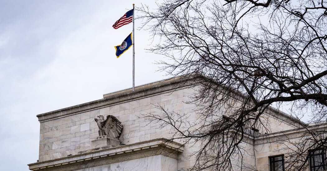 A satirical oil painting of a marble temple with the Federal Reserve seal on the pediment, cracked down the middle. One half of the temple is draped in a massive red campaign banner, the other half is filled with faceless bureaucrats in grey suits clutching stacks of PhD diplomas. In the foreground, nine figures in black robes sit on a golden bench, looking bored as they toss a gold coin into a crowd of impoverished people below. The sky is a toxic shade of green, filled with floating, burning dollar bills.