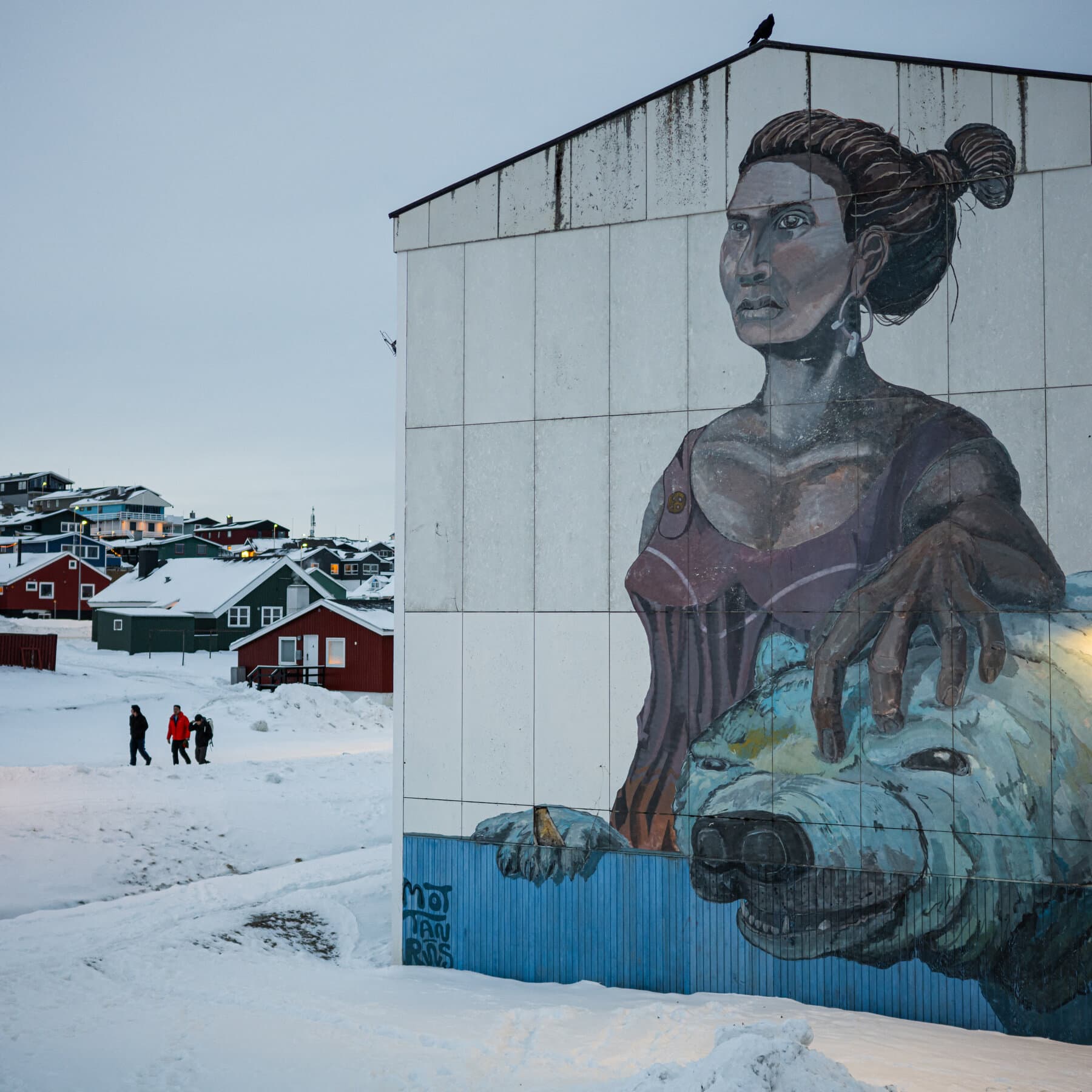 A surreal satirical illustration of a giant gold-plated hotel tower rising incongruously out of a pristine, jagged Greenlandic glacier. In the foreground, a 'Sold' real estate sign is stuck into the ice, but the sign is broken. The sky is a cold, indifferent arctic blue. High contrast, hyper-realistic texture.