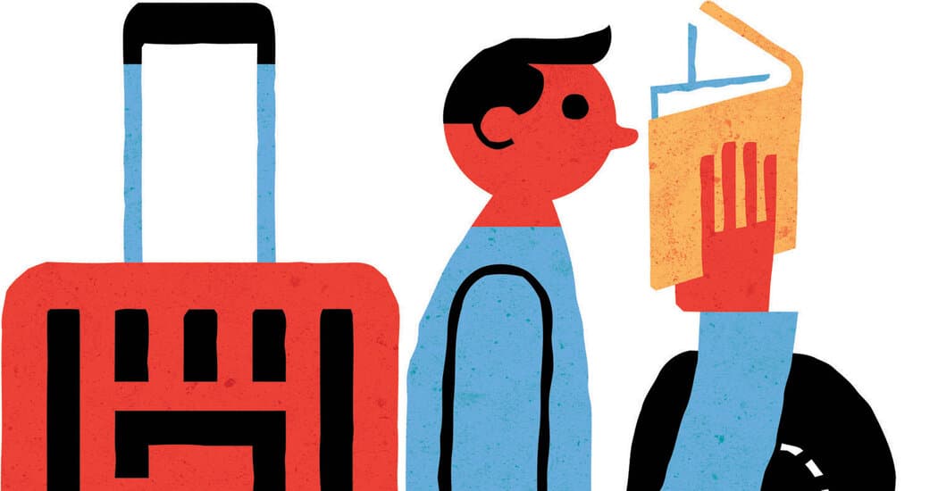 A satirical illustration of a wealthy, oblivious tourist in a tropical shirt and sun hat, standing on a melting glacier with a suitcase. In the background, a massive forest fire and a distant military jet are visible. The tourist is frustrated, holding a smartphone and looking at a 'Flight Canceled' notification, while the world around them is in chaos. The style is sharp, acid-toned editorial cartooning with exaggerated, cynical features.