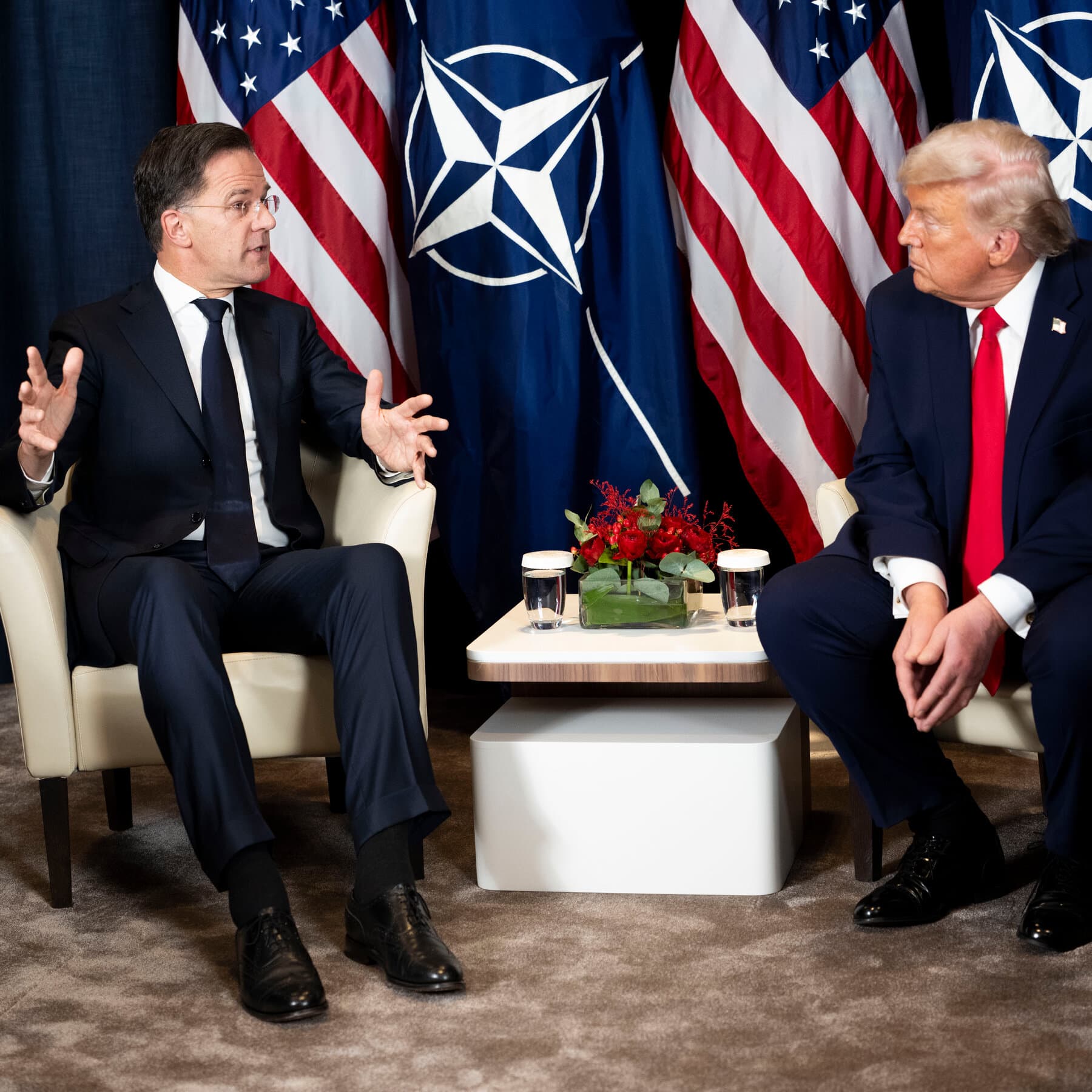 A satirical oil painting in the style of 17th-century Dutch masters, depicting a lavish boardroom in Brussels. The table is piled high with rotting fruit, unfinished waffles, and stacks of bureaucracy paperwork. Seated around the table are panicked anthropomorphic ostriches wearing expensive European suits, burying their heads into the paperwork. Outside a large ornate window, a giant, orange-tinted storm cloud with a vaguely angry face looms over the gray city skyline.
