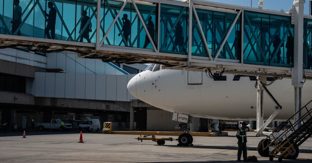 A satirical illustration of a gloomy airport tarmac, a plane with a generic logo unloading passengers onto a conveyor belt that leads straight into a bureaucratic office, muted colors, political cartoon style, bleak atmosphere.