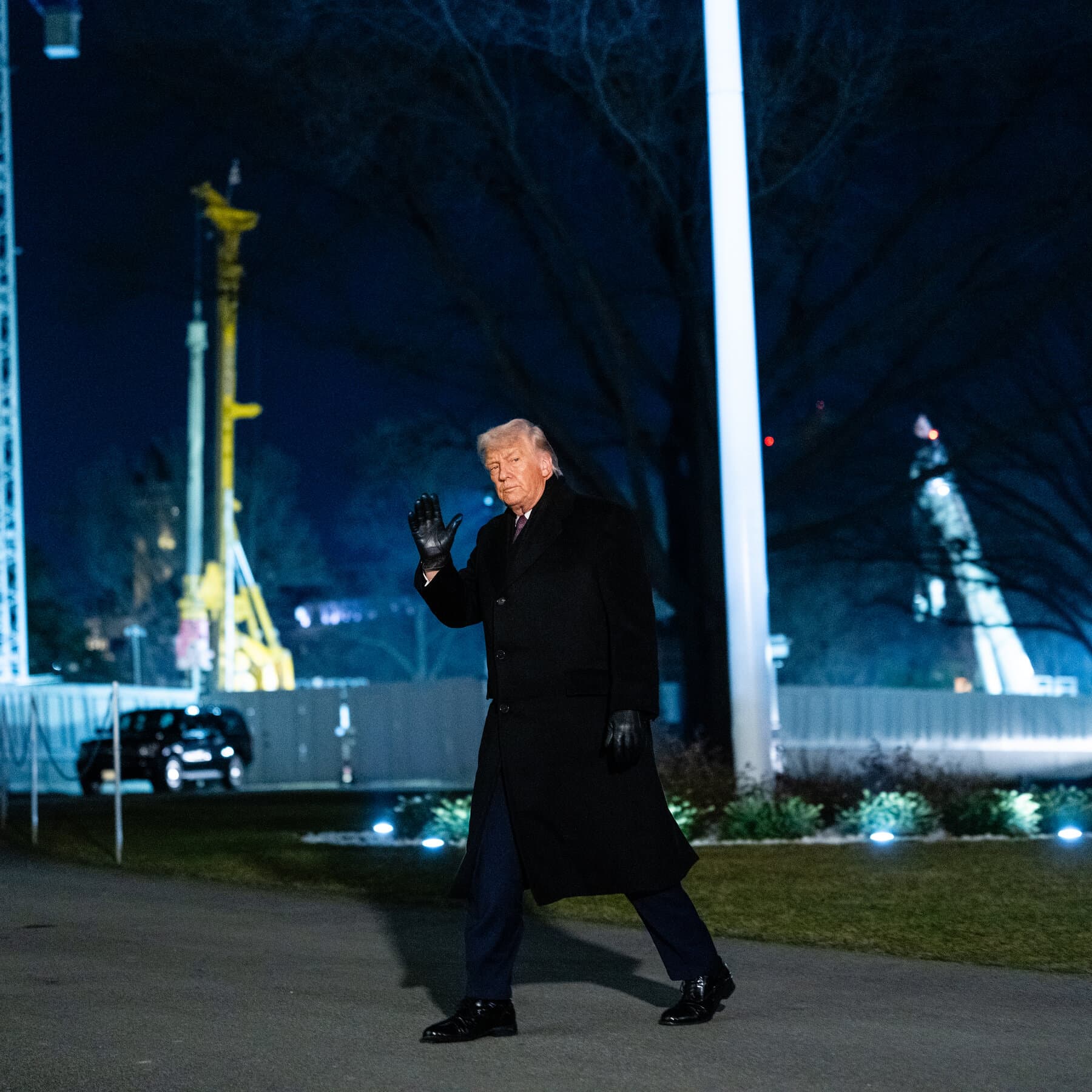 A cynical, sophisticated editorial illustration in a minimalist style. A giant, orange-tinted shadow of a man looms over a small, pristine maple leaf on a cold, gray table. In the background, blurry figures in expensive suits are sipping coffee and looking the other way. The style is sharp and ironic, using muted colors like slate gray and deep red.