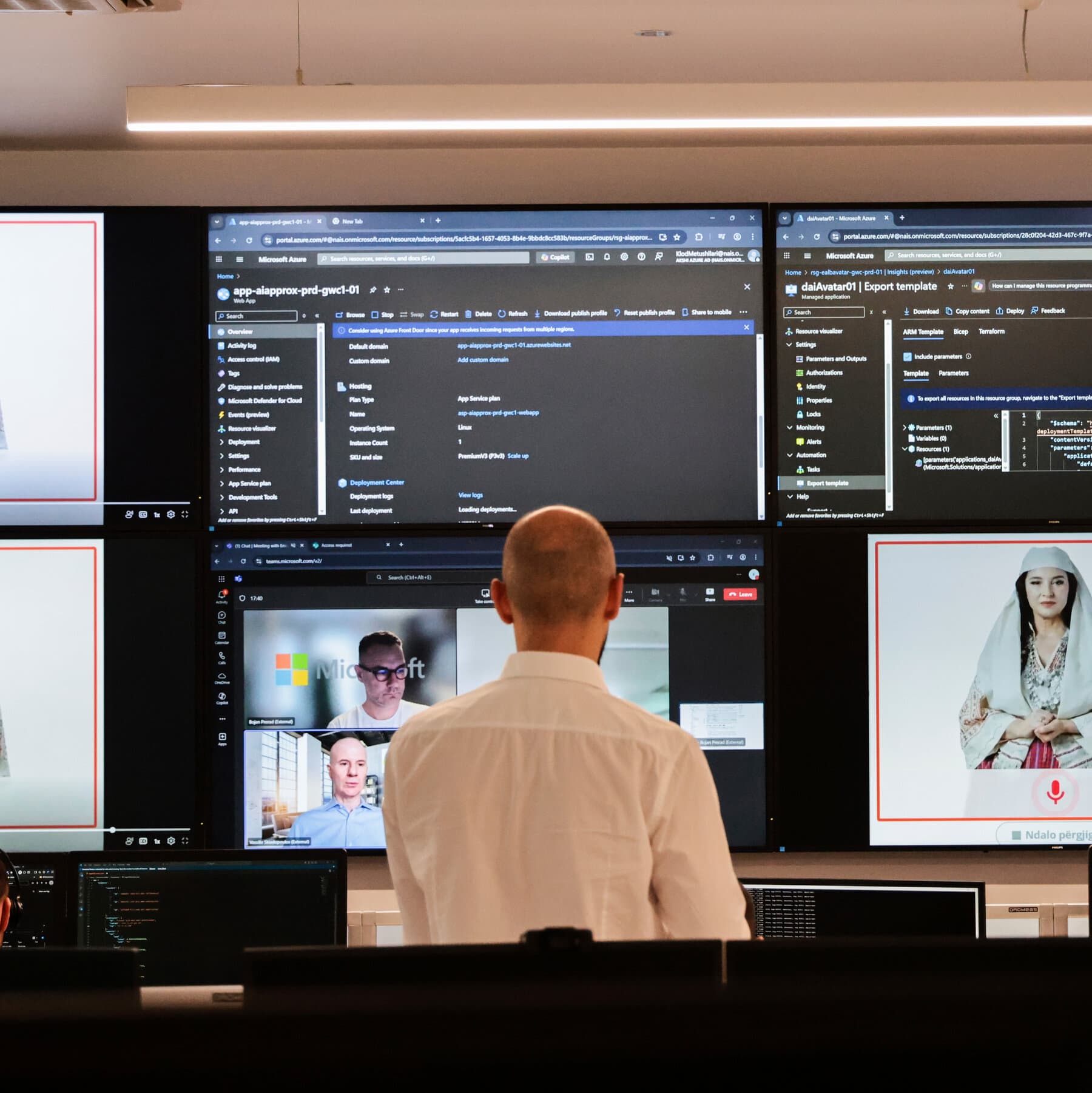 A hyper-realistic digital female avatar on a computer screen smiling perfectly, while the computer cables underneath are tangled with stacks of dirty money, dark cinematic lighting, cynical atmosphere.