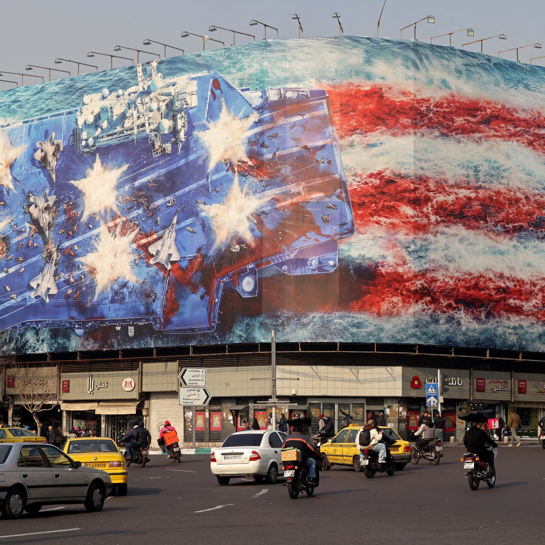A split composition editorial illustration. On the left, a large, dark, menacing gray silhouette of a modern aircraft carrier on choppy water. On the right, a jagged red silhouette of a military figure shouting into a megaphone. The background is a muted, dirty beige map of the Middle East, torn down the middle. The style should be gritty, political cartoon style, heavy ink lines, cynical atmosphere.