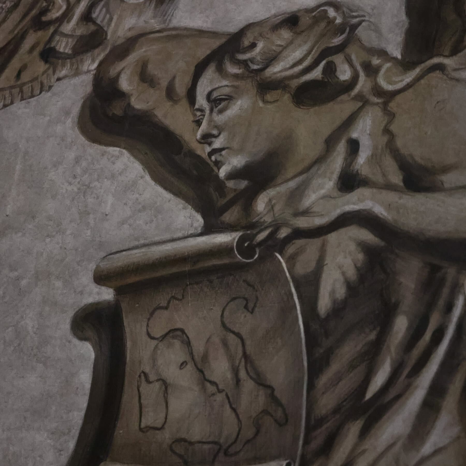 A gritty, cynical oil painting style image of a classic church ceiling fresco. The scene depicts traditional angels in clouds, but one angel in the center has the stern, realistic face of a modern business-suited politician, looking down judgmentally. The colors are muted and dusty, conveying a sense of age and decay.