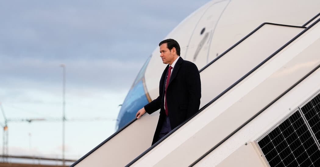 A hyper-realistic, cynical editorial illustration showing a nervous group of European bureaucrats in suits huddled together in a luxurious but dimly lit hotel hallway in Munich. In the foreground, a large, looming shadow of an American figure approaches. The bureaucrats look sweaty and anxious, clutching empty wine glasses. The style should be gritty, satirical, and dark, emphasizing the mood of fear and helplessness.