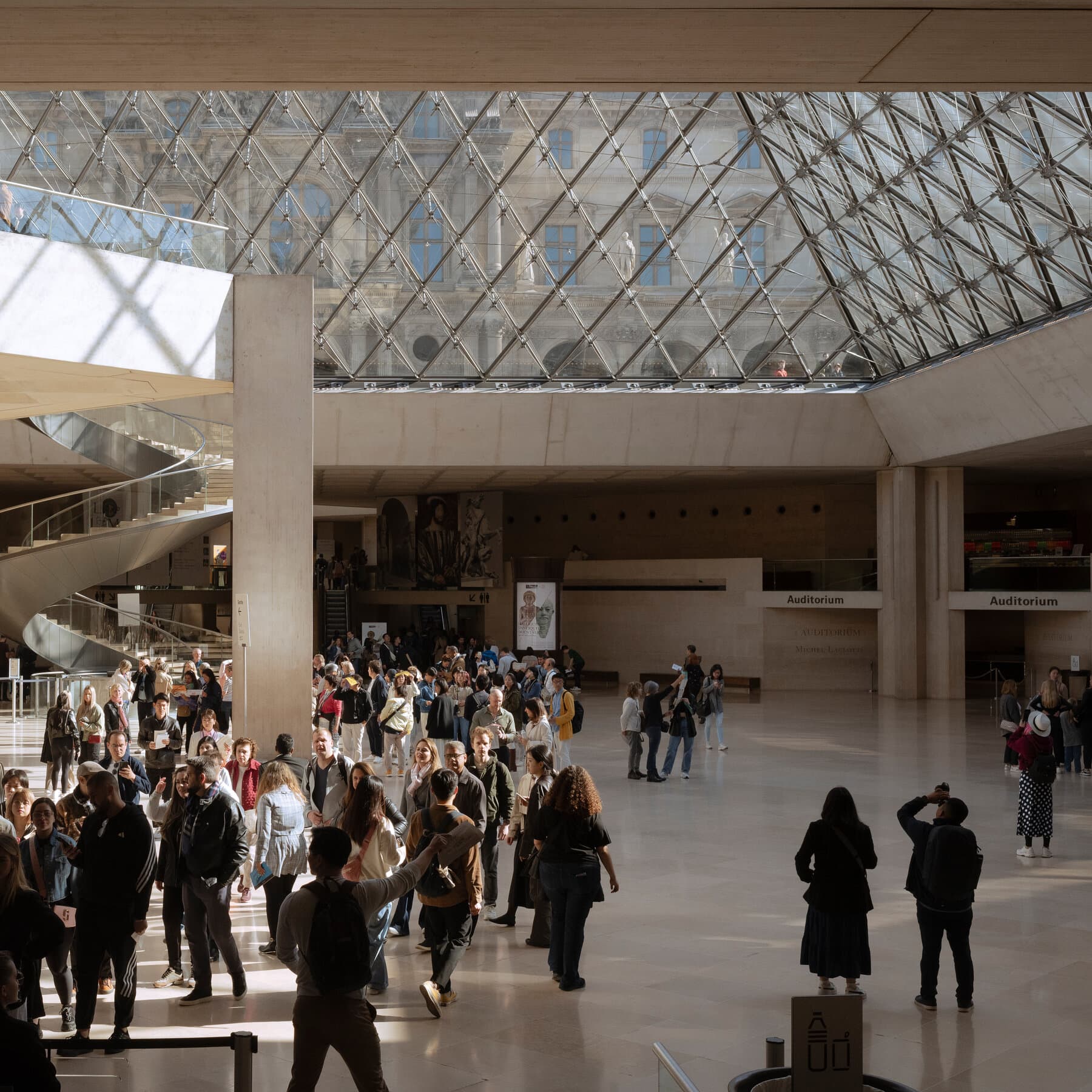 A gritty, satirical illustration in the style of a political cartoon. In the foreground, a shadowy figure in a museum guard uniform is slyly exchanging a crumpled paper ticket for a stack of cash with a tour guide. In the background, the silhouette of the Louvre pyramid is visible, but it is cracking. A crowd of tourists is standing in a long line, looking at their phones, completely oblivious to the transaction happening right in front of them. The color palette should be muted blues and greys, with the cash glowing a sickly green.