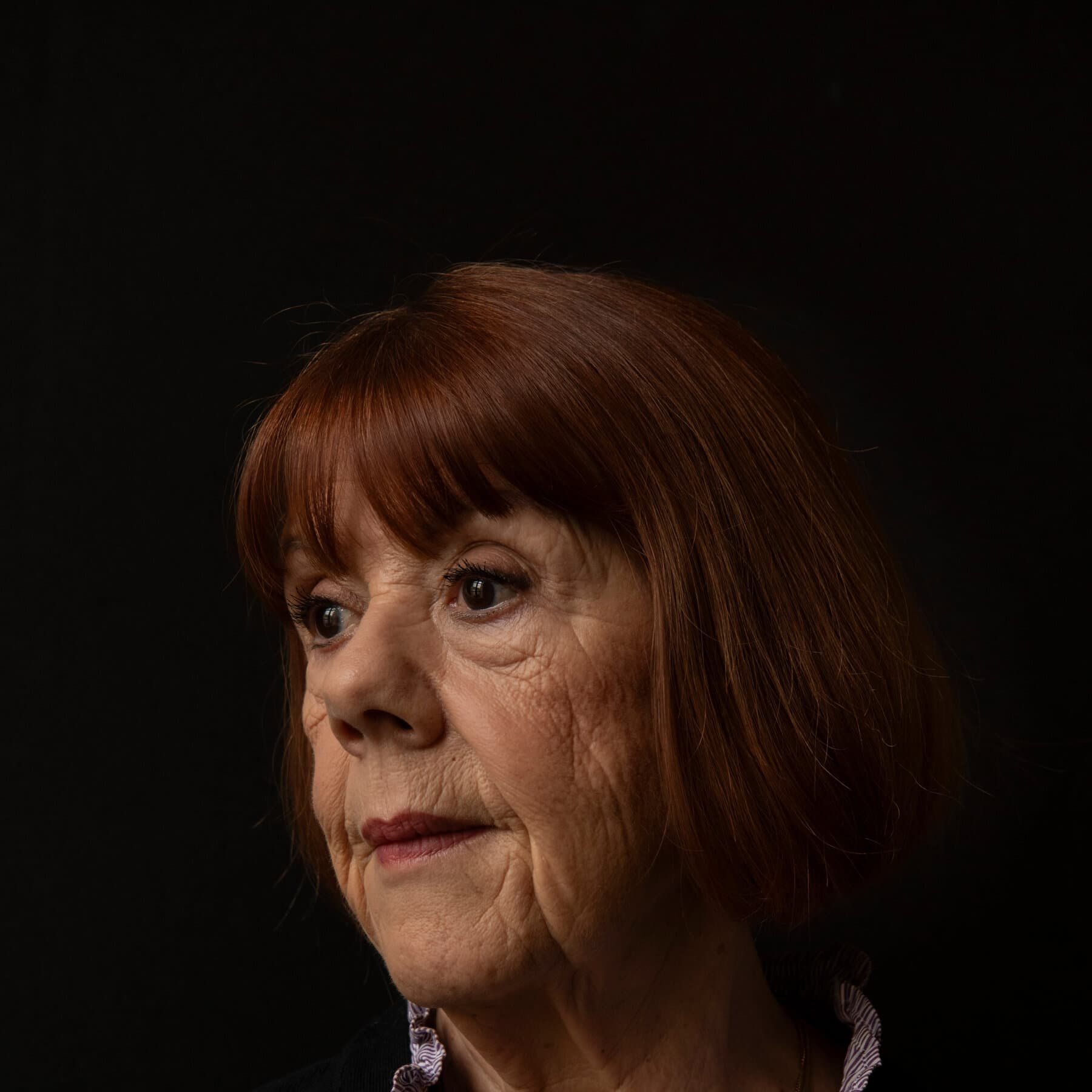 A solitary, dignified woman standing in focus in the foreground, looking forward with a weary expression. Behind her, out of focus and in shadows, are dozens of faceless male figures in ordinary clothing—suits, work uniforms, casual wear—fading into a gray, cracked background representing a broken domestic setting.