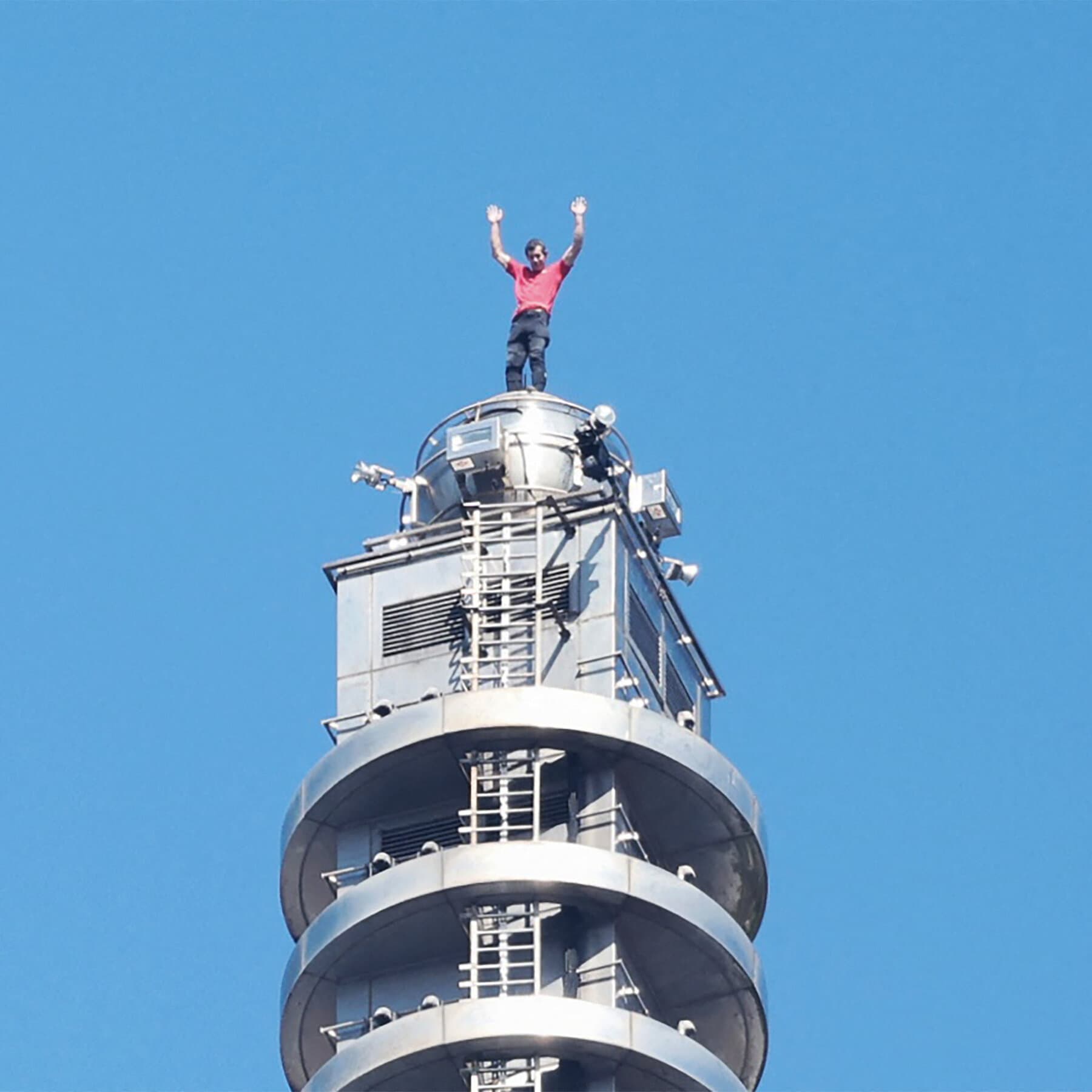 A satirical, hyper-realistic wide shot looking up at the towering Taipei 101 skyscraper made of blue glass. A tiny, insignificant figure of a climber is clinging to the side of the massive structure. Inside the windows, bored office workers in suits are visible, ignoring the climber to look at their phones. The sky is gray and overcast.