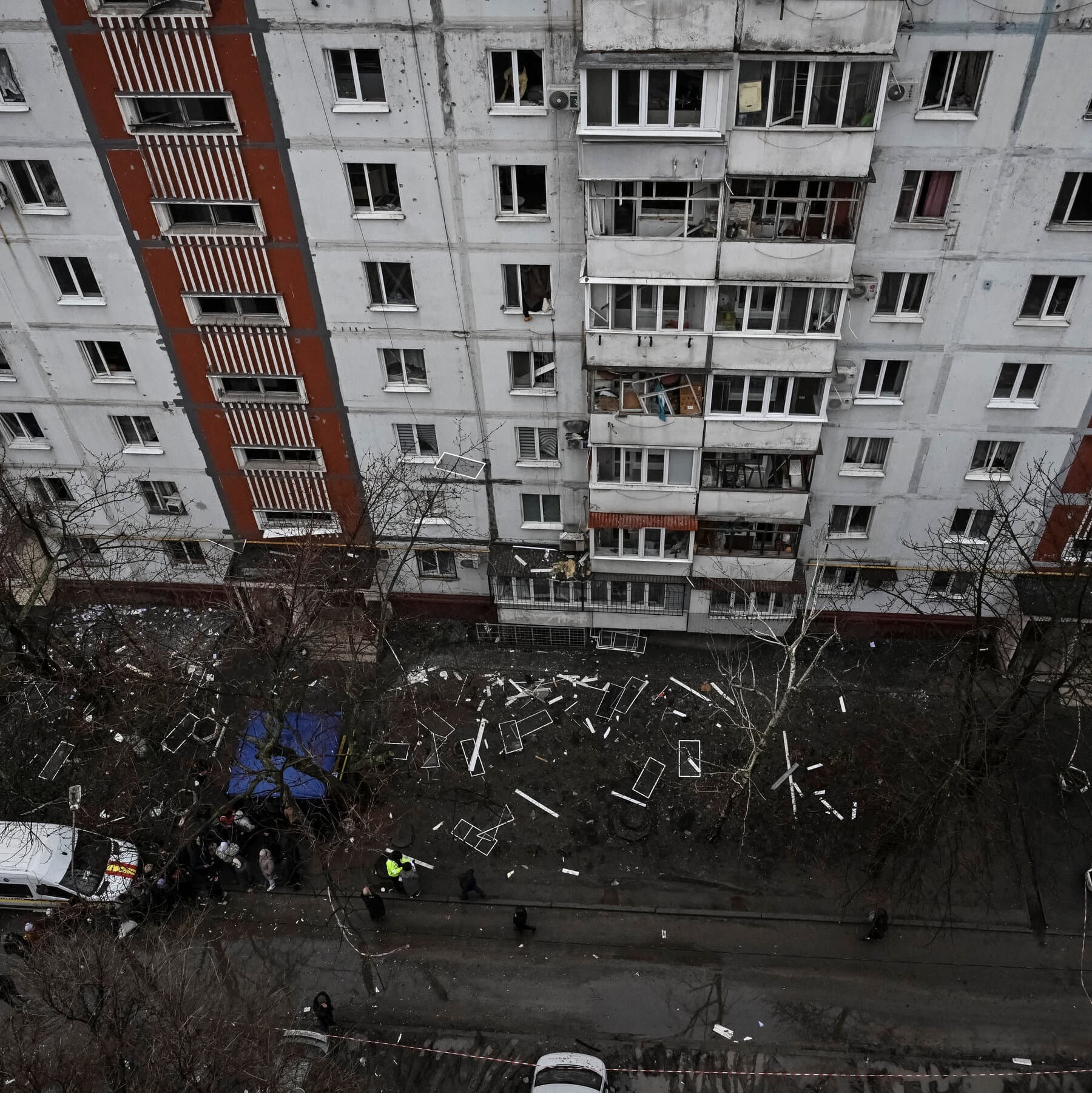 A hyper-realistic, cynical editorial illustration showing a pristine, polished mahogany conference table in a fancy Geneva hotel room. On one side sits a untouched cup of coffee and a notepad; on the other side, crashing through the ceiling and landing in the center of the table, is a smoking, dark drone. The room is elegant with Swiss flags, but the center is chaos and debris. Muted, cold colors with high contrast.